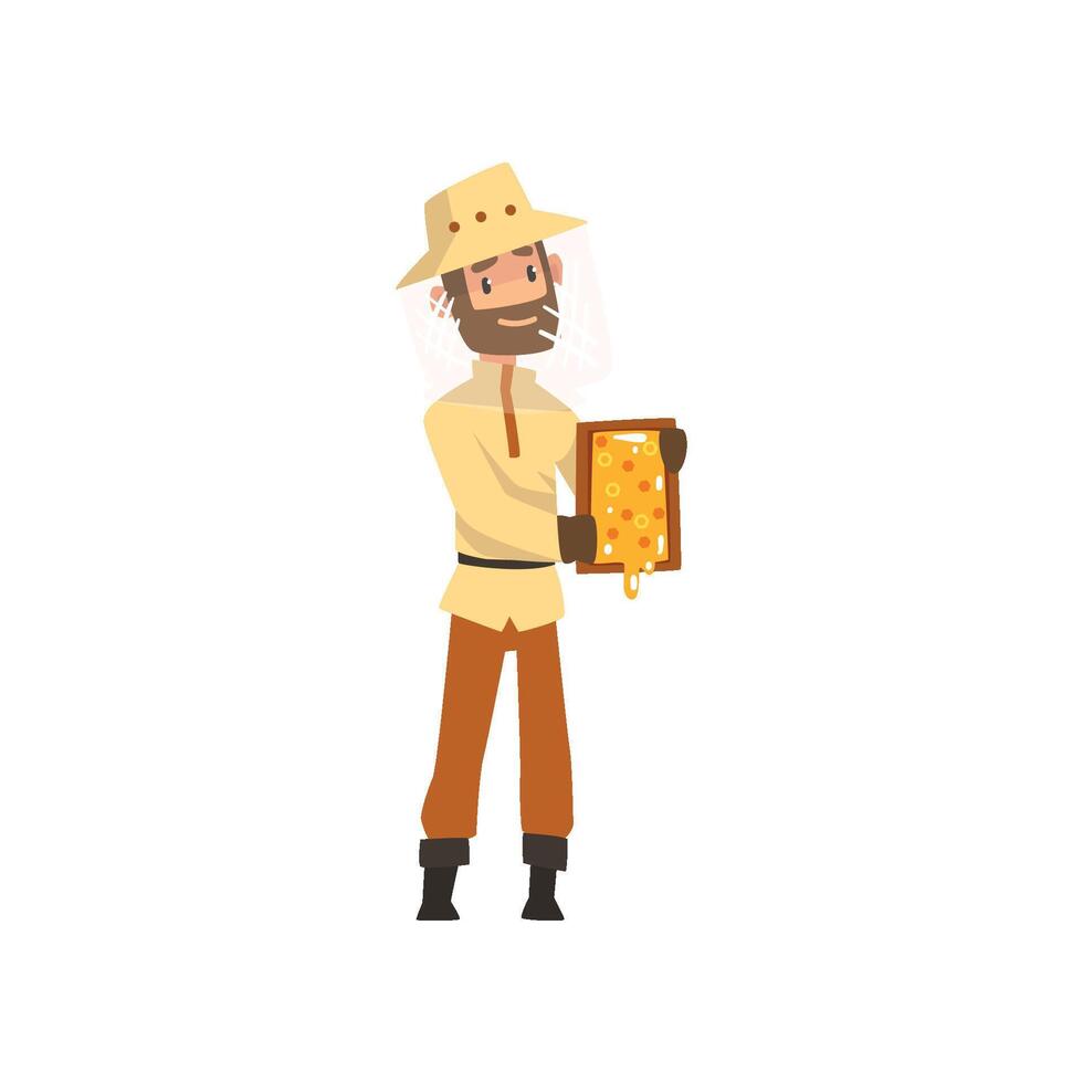 Beekeeper man with a honeycomb frame in his hands, apiculture and beekeeping concept Illustration vector