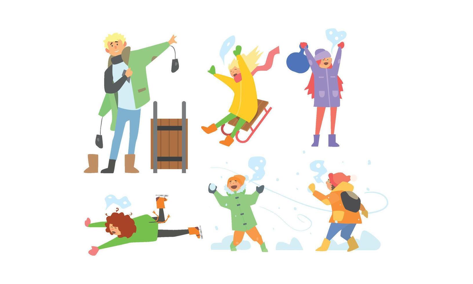 Winter activities set, children sledding, playing snowballs, kids having fun and enjoying snow Illustration vector