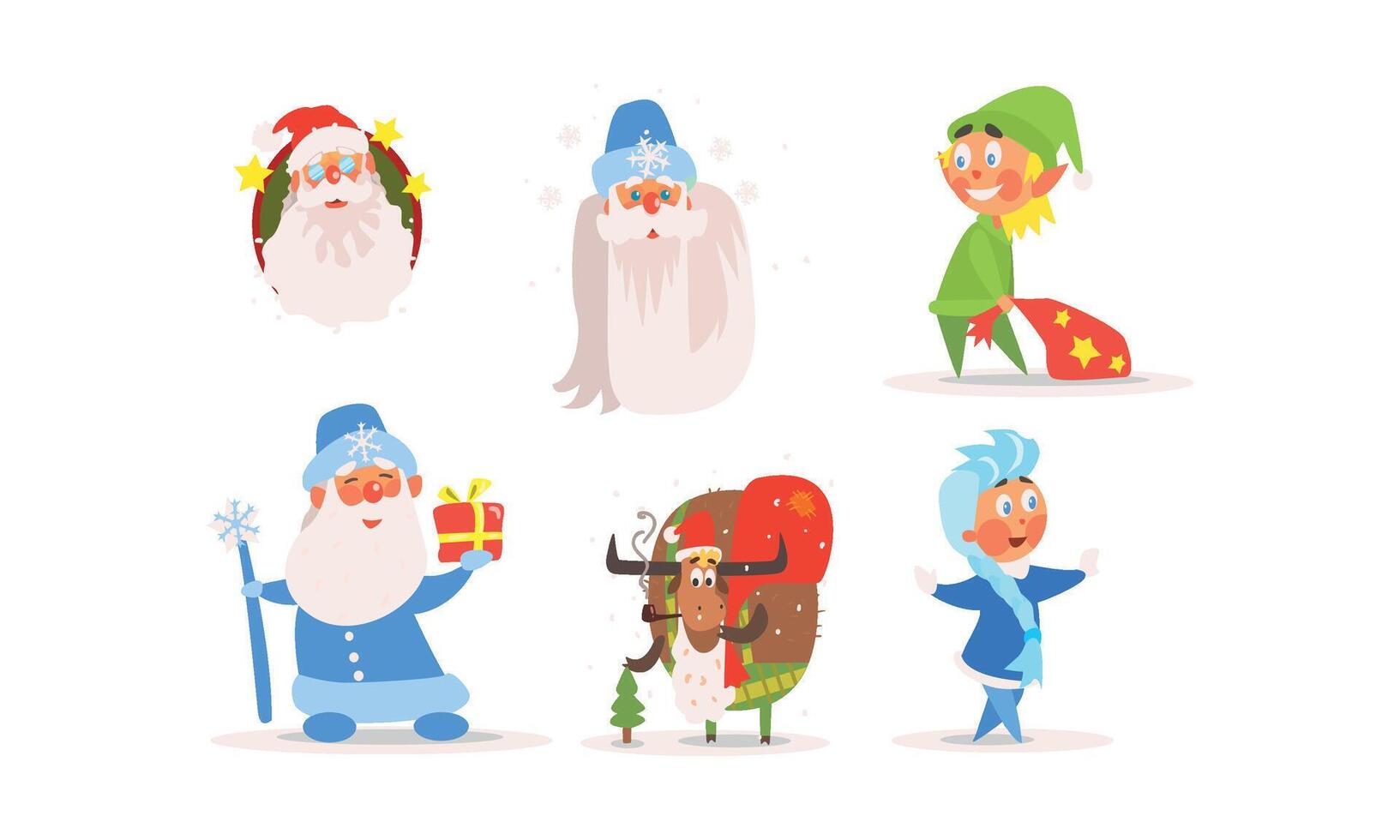 Funny Christmas characters for winter Holiday design, Santa Claus, Snow Maiden, elf, ram, New year and Christmas collection Illustration vector