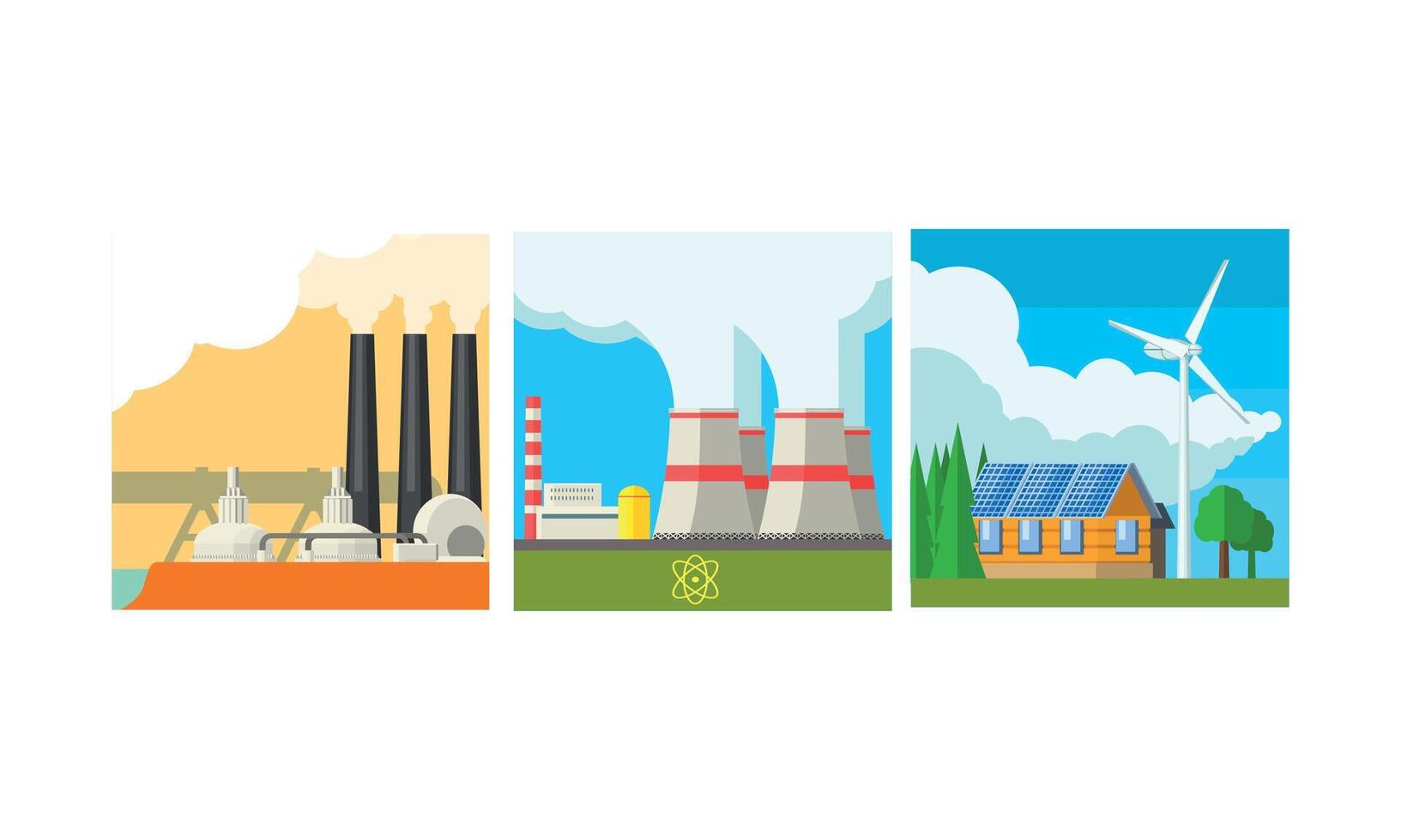 Power plant stations set, clean and polluting energy generation production Illustration vector