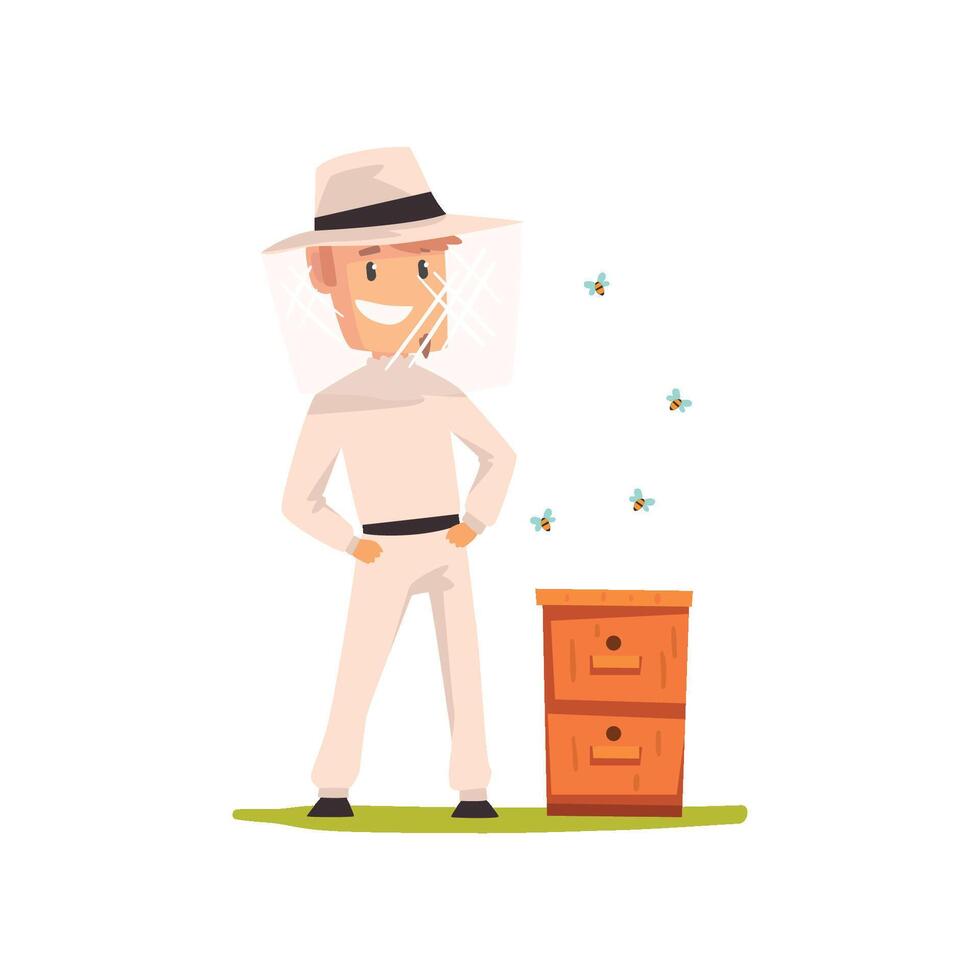 Smiling beekeeper man standing next to the hive, apiculture and beekeeping concept Illustration vector