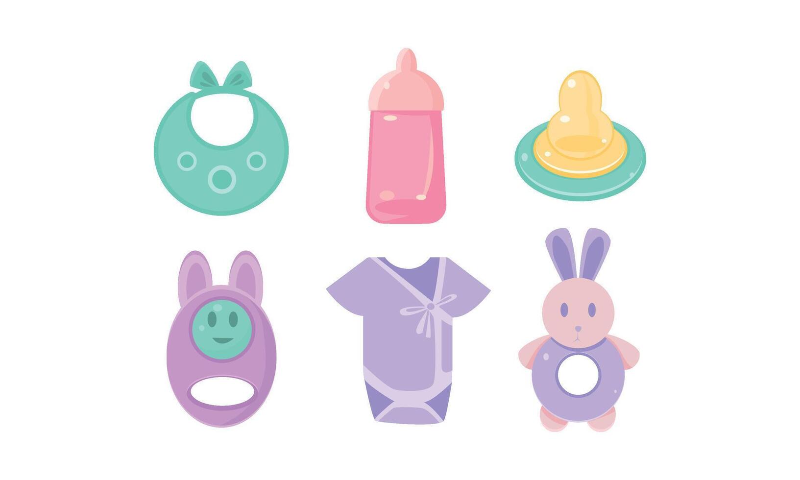 Baby care icons set, baby bib, bottle, nipple, bodysuit, rattle, nursery accessories, baby shower and newborn concept Illustration vector