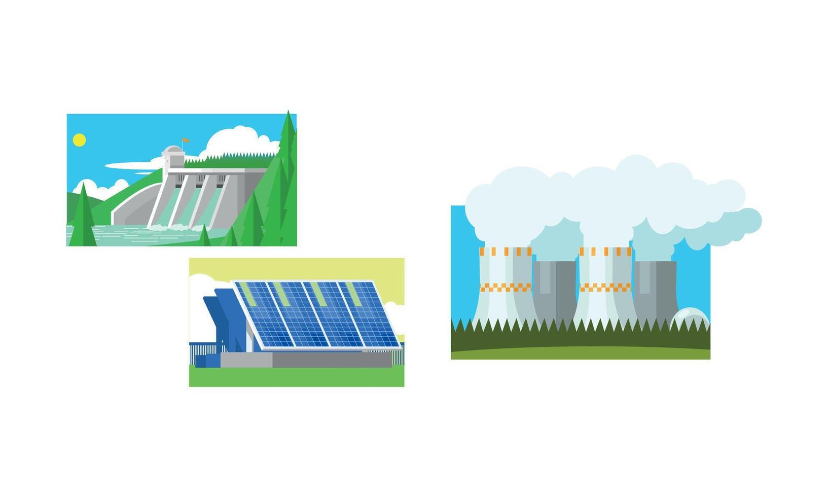 Power station, solar panels, water power plant, clean and polluting energy generation production Illustration vector