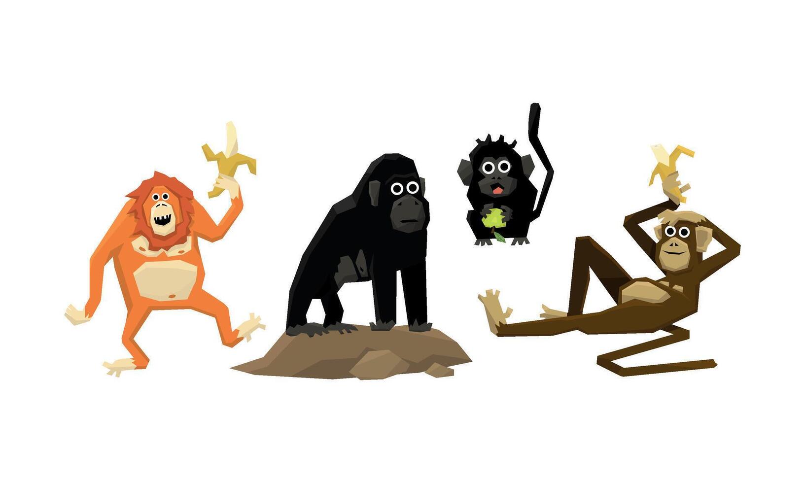 Funny monkeys of various breeds, animal characters eating fruits Illustration vector