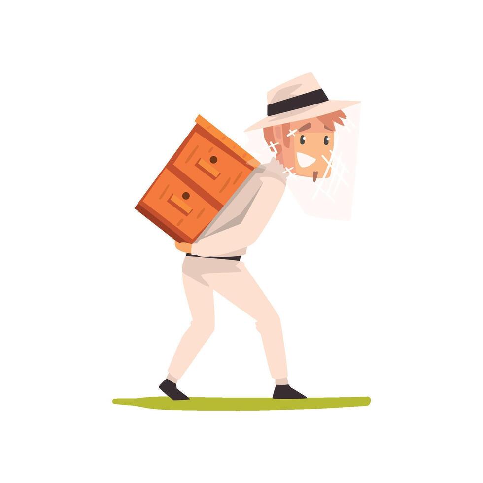 Smiling beekeeper man carrying a beehive, apiculture and beekeeping concept Illustration vector