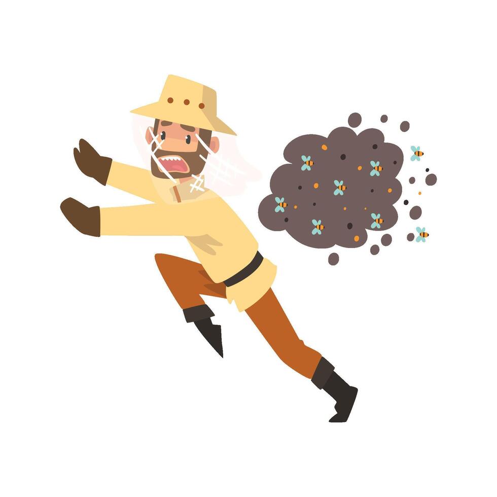Beekeeper man running away from a swarm of bees, apiculture and beekeeping concept Illustration vector