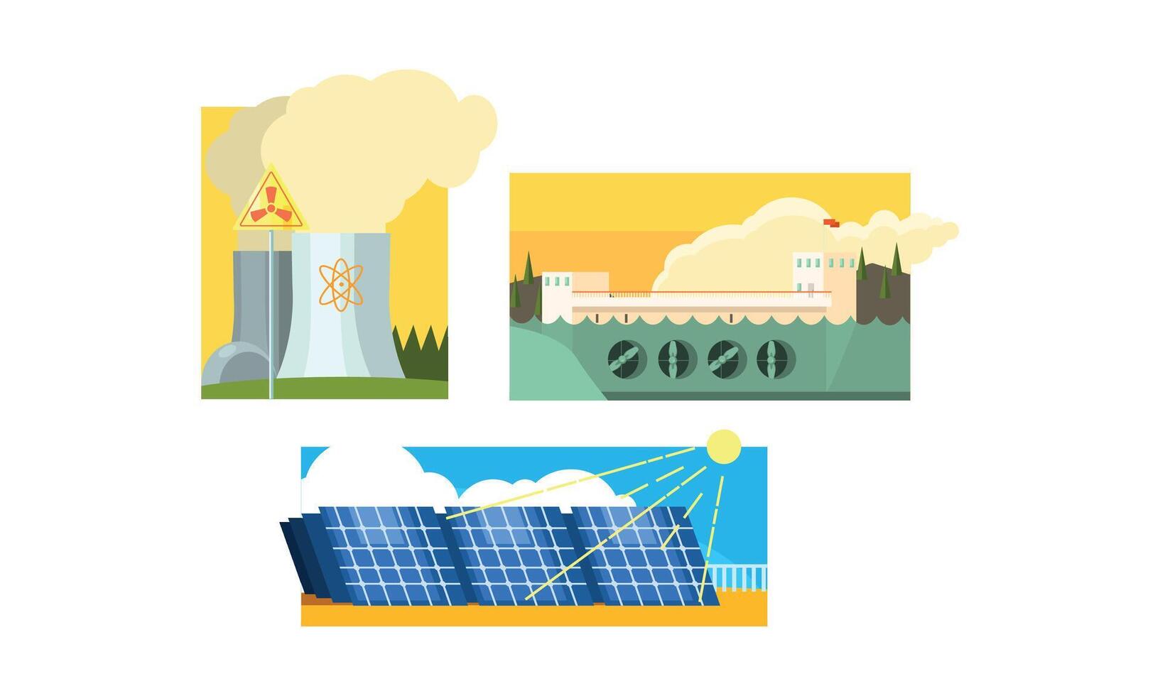 Power station, solar panels, nuclear plant, clean and polluting energy generation production, non renewable and alternative energy source Illustration vector