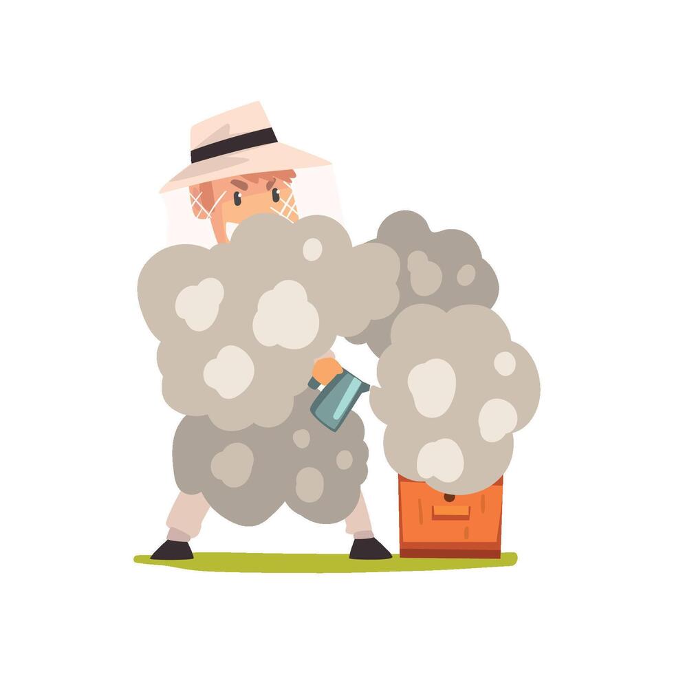 Beekeeper man with smoker smoking hive, apiculture and beekeeping concept Illustration vector
