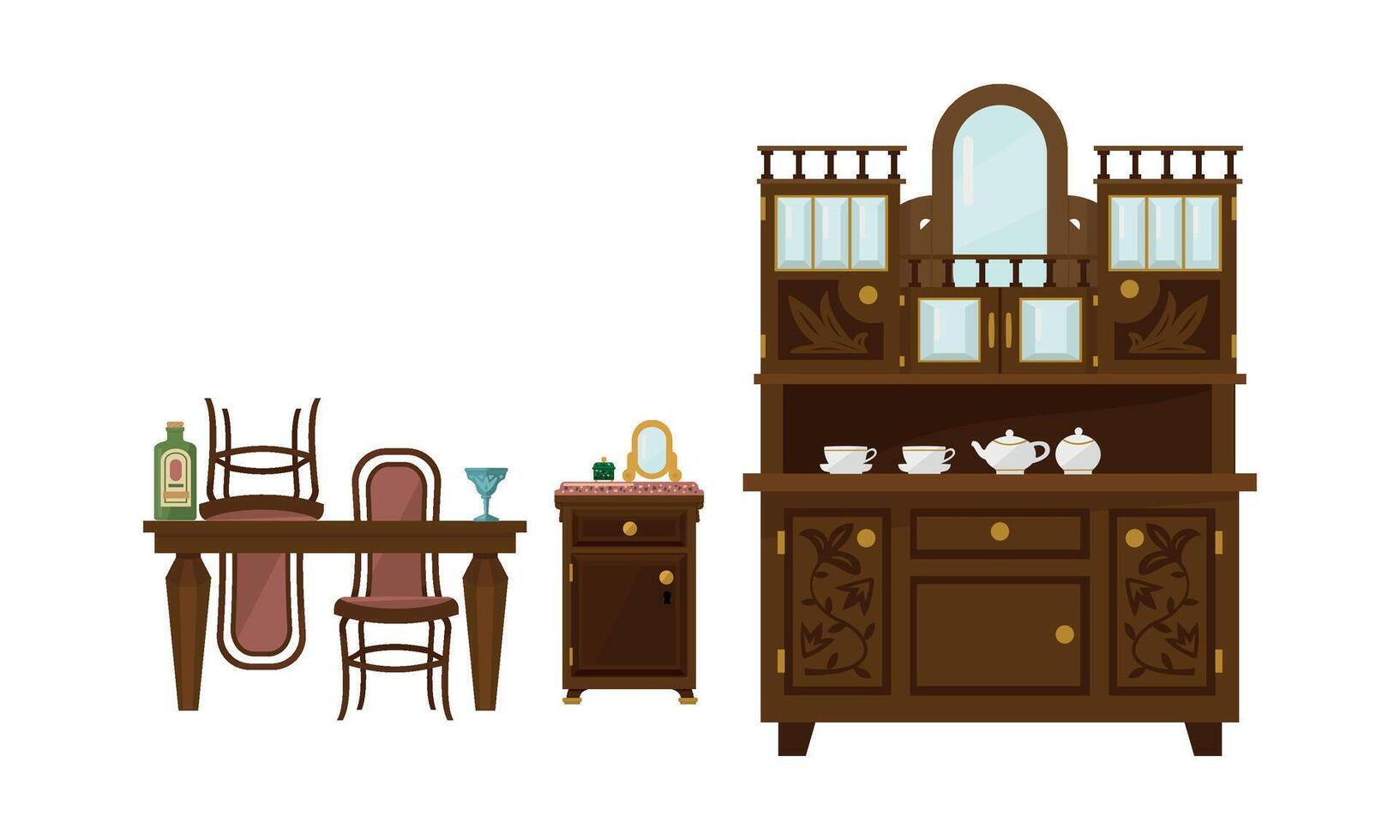 Retro dining room interior with table, chairs and sideboard Illustration vector