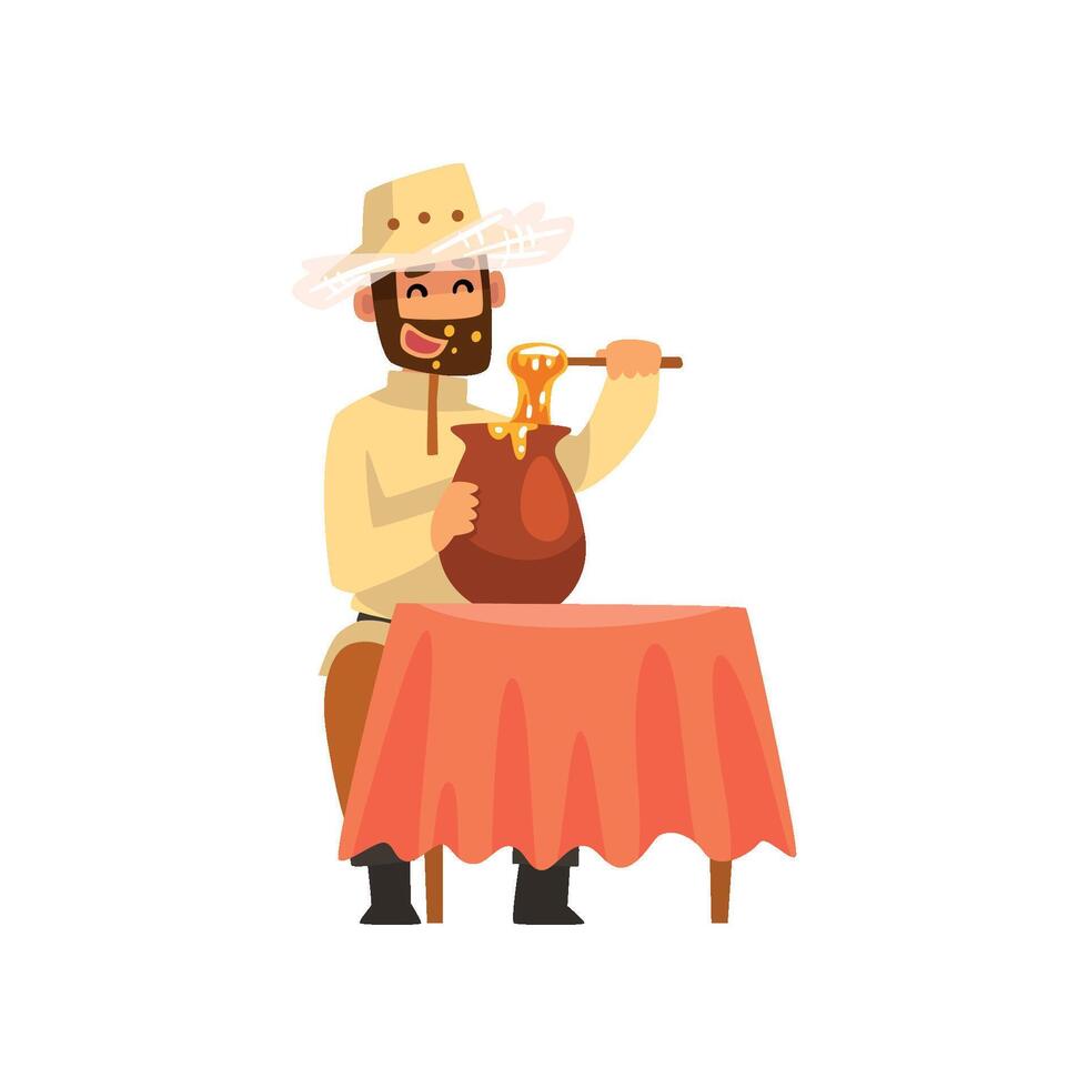 Beekeeper man eating honey, apiculture and beekeeping concept Illustration vector