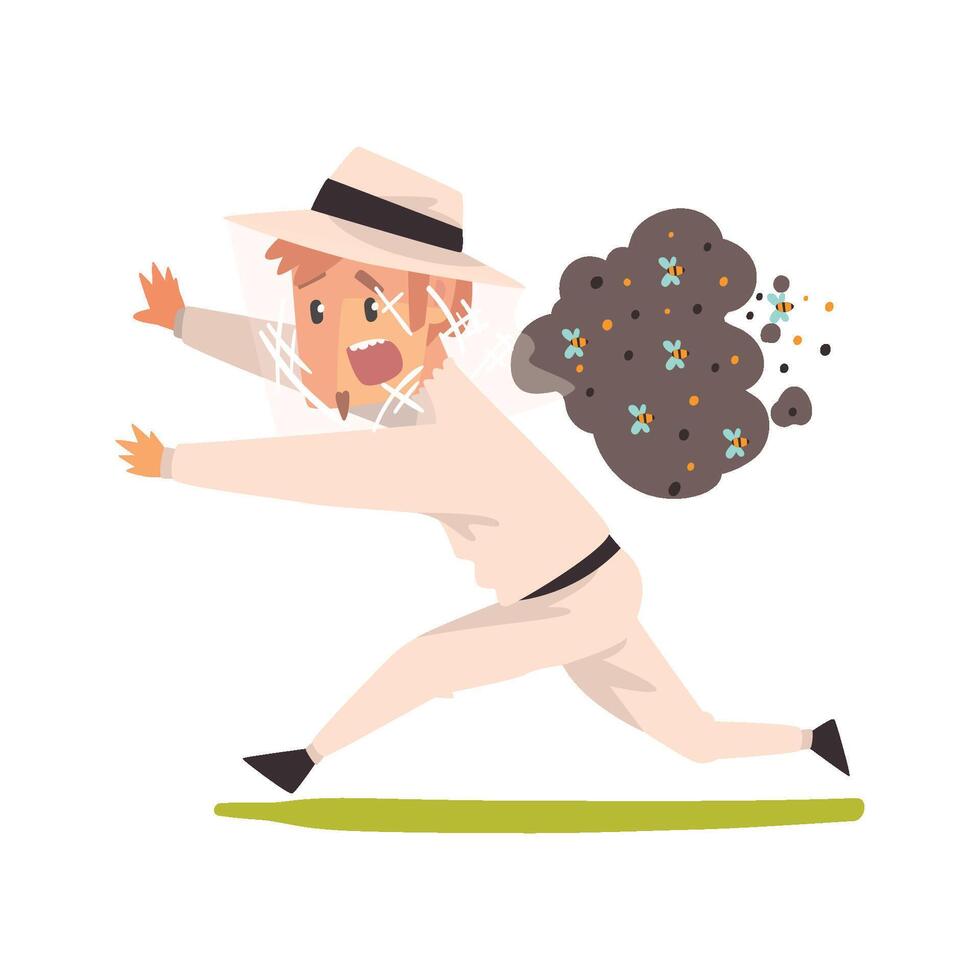 Scared beekeeper running away from swarm of bees, apiculture and beekeeping concept Illustration vector