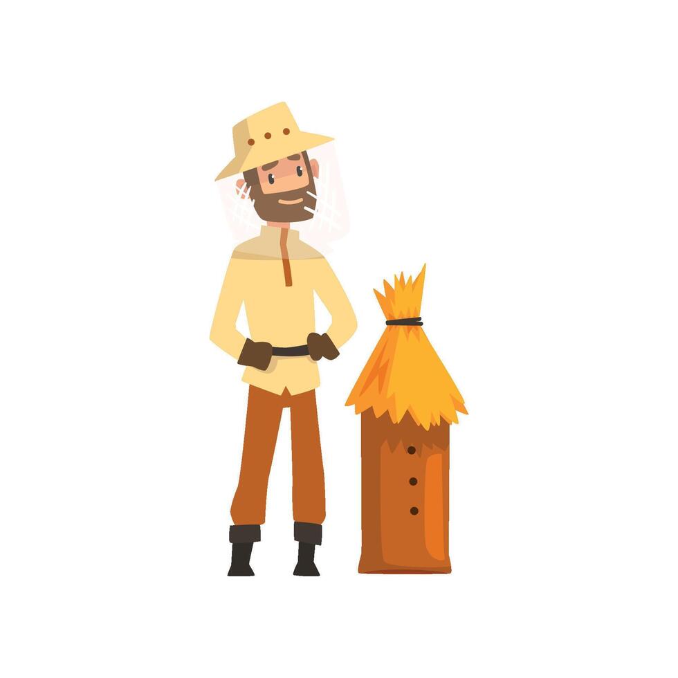 Beekeeper man and wooden beehive, apiculture and beekeeping concept Illustration vector