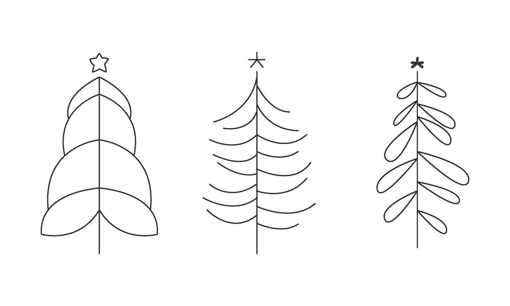 Christmas trees set, hand drawn monochrome coniferous forest trees with contour lines Illustration vector