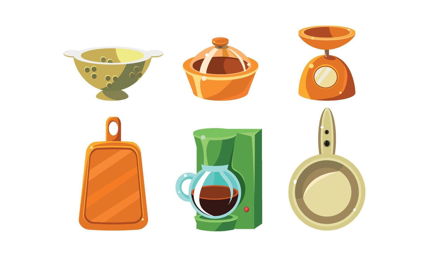 Kitchen utensils set, cooking tools, colander, scales, coffee maker, cutting board, frying pan Illustration vector