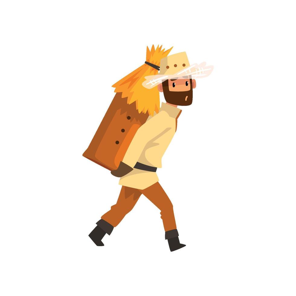 Beekeeper man carrying a beehive, apiculture and beekeeping concept Illustration vector