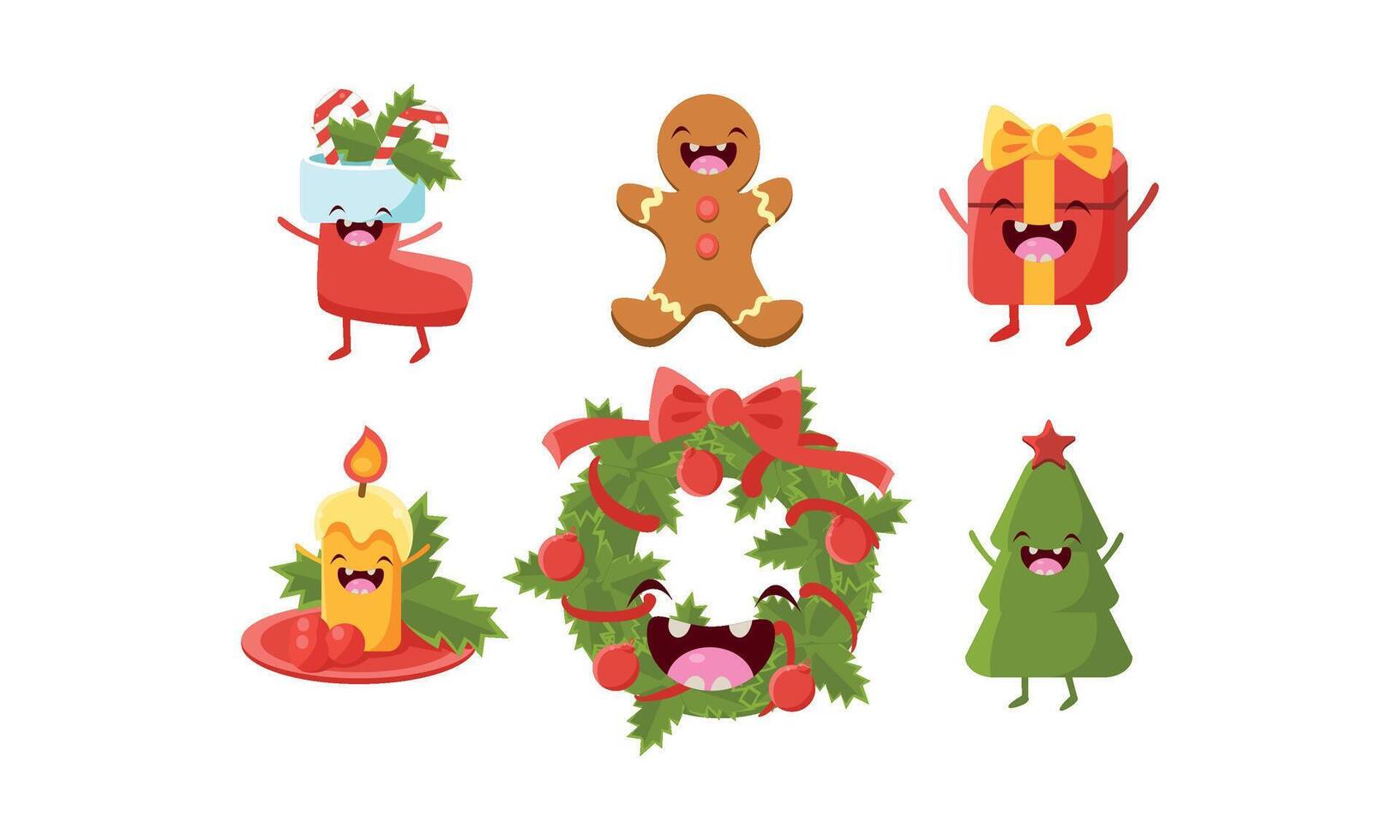 Cute Christmas cartoon characters set, wreath, gift box, candle, candy cane, sock, gingerbread, holiday tree, funny decoration elements Illustration vector