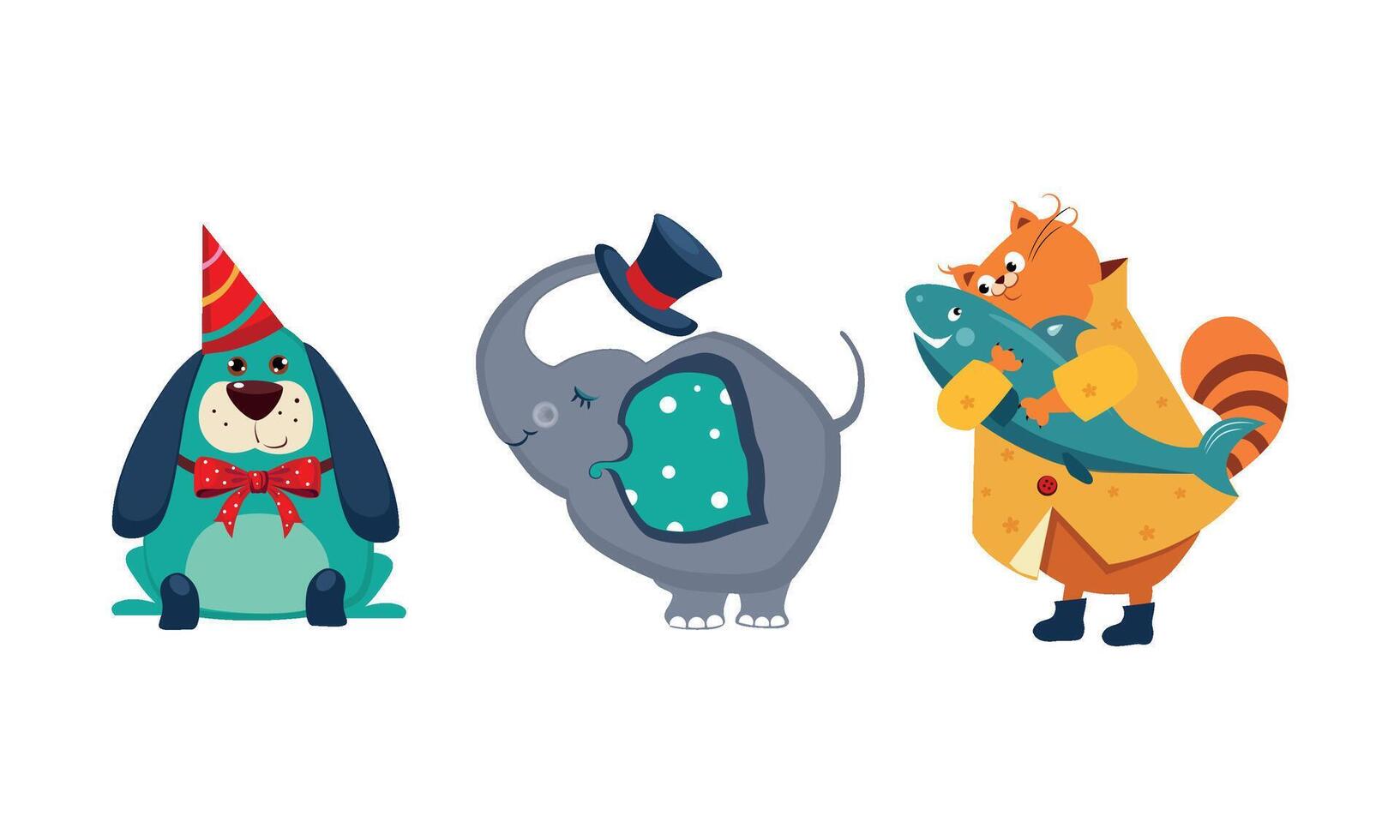 Cute funny animals characters in different actions, dog in party hat, elephant holding top hat with a trunk, cat with a big fish caught Illustration vector