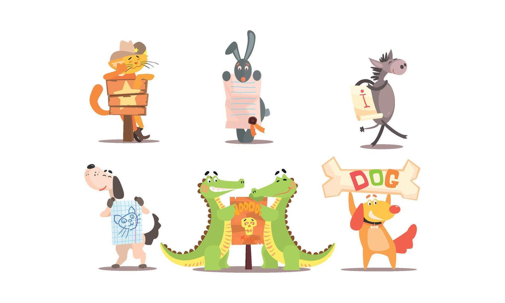 Collection of funny animals in different situations, amusing animals holding signs Illustration vector