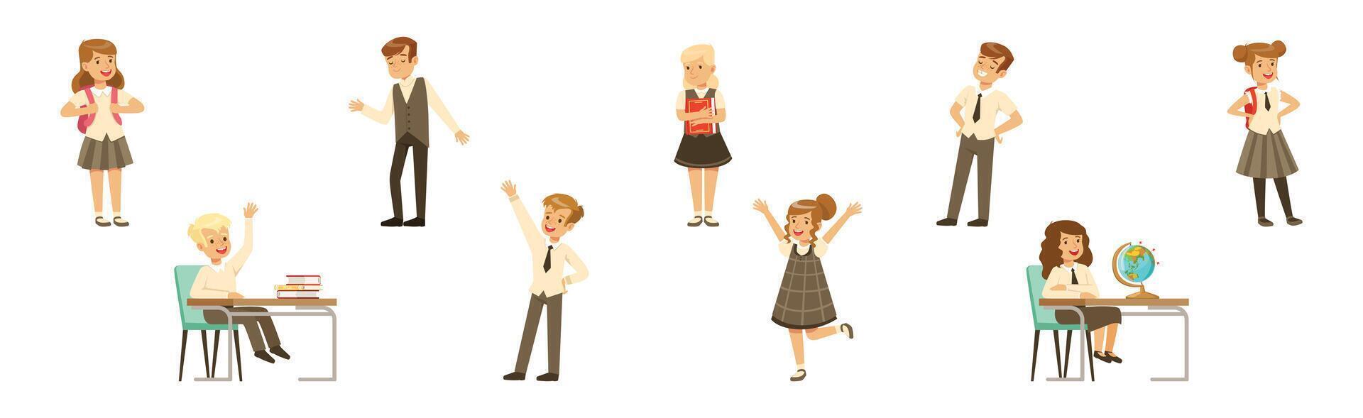 Cute Boy and Girl Character in School Uniform Set vector