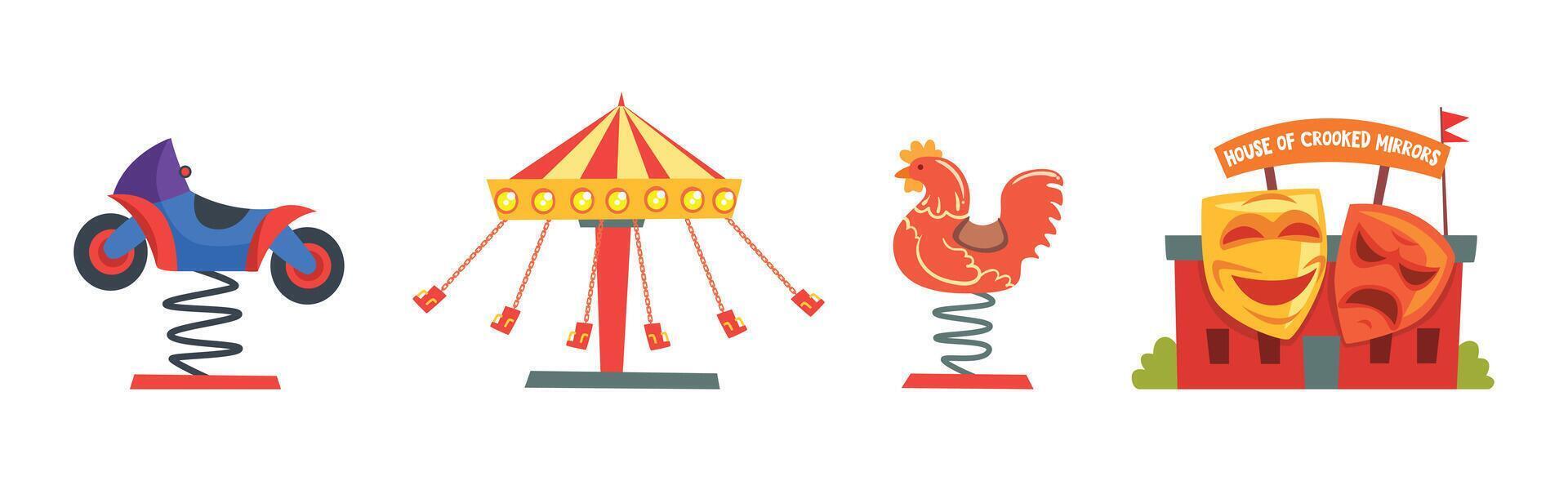 Amusement Park Attraction and Funfair Entertainment Set vector