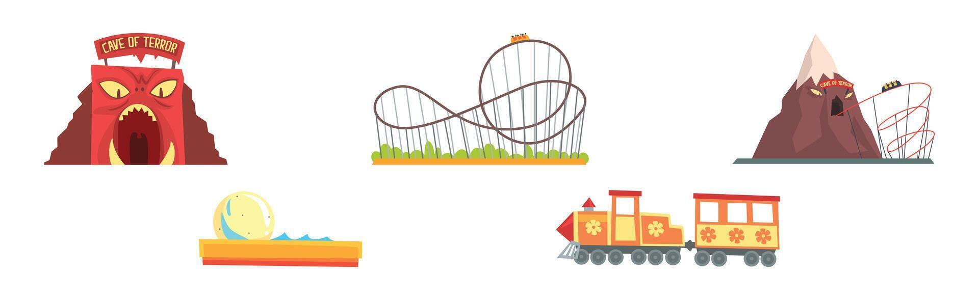 Amusement Park Attraction and Funfair Entertainment Set vector
