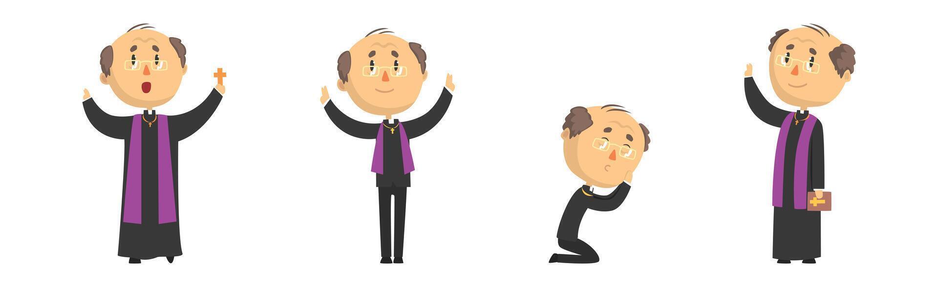 Funny Catholic Man Priest with Cross and Bible Set vector