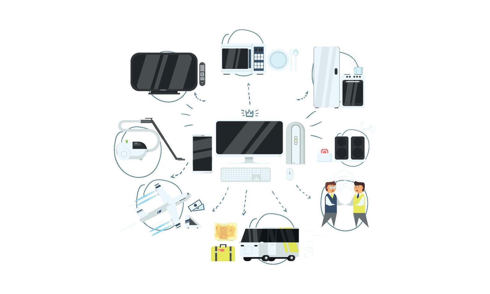 IOT online synchronization and connection via smartphone or computer wireless technology, home appliances management Illustration vector