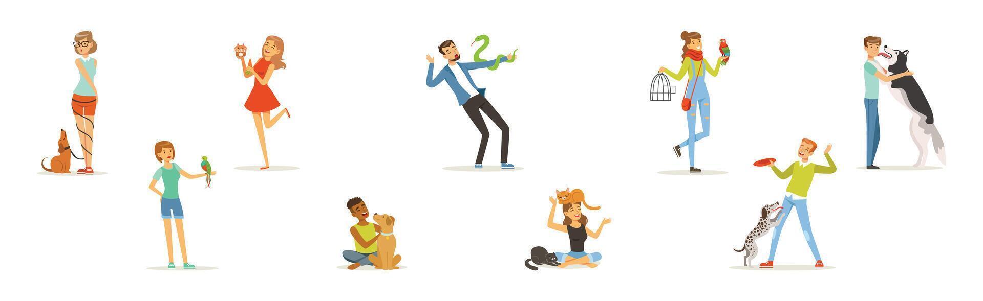 Happy Man and Woman Character Pet Owner with Their Favorite Animal Set vector