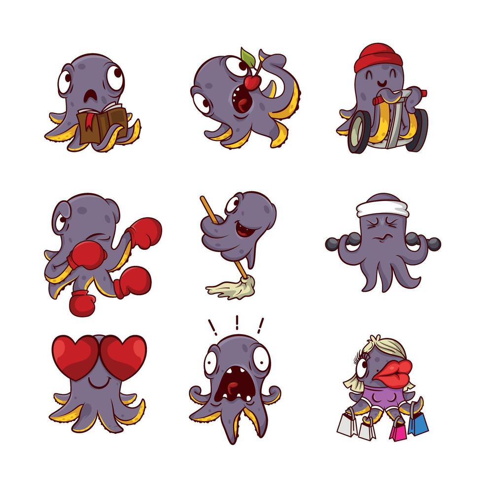 set of funny purple octopuses in different actions. Humanized sea creatures with tentacles. Cartoon characters vector