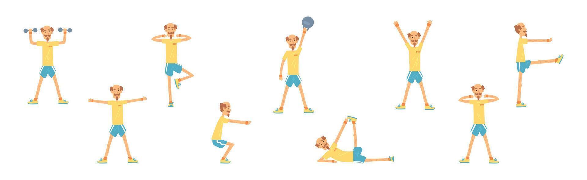 Funny Senior Man Character Exercising and Workout Set vector