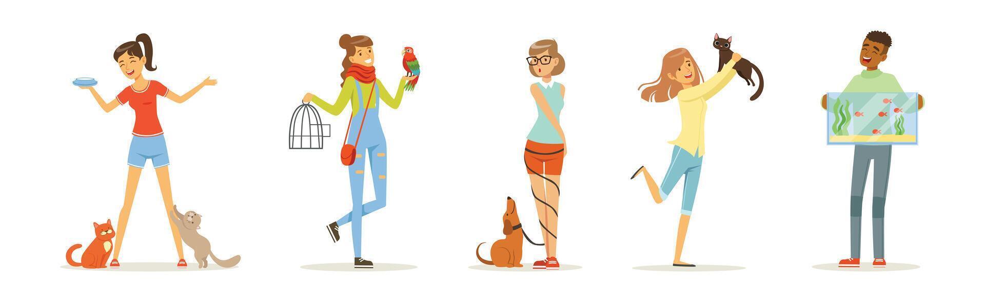 Happy Man and Woman Character Pet Owner with Their Favorite Animal Set vector