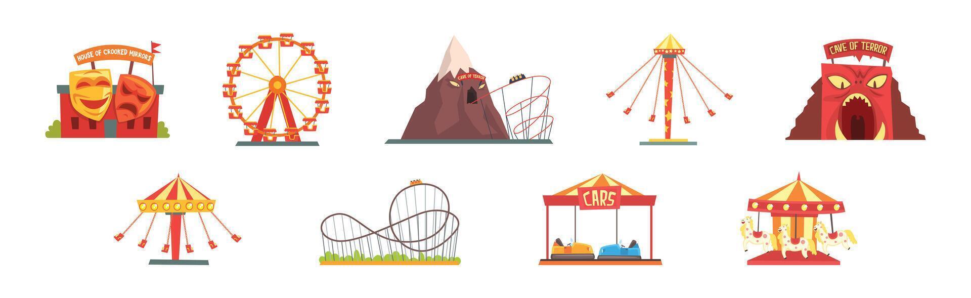 Amusement Park Attraction and Funfair Entertainment Set vector