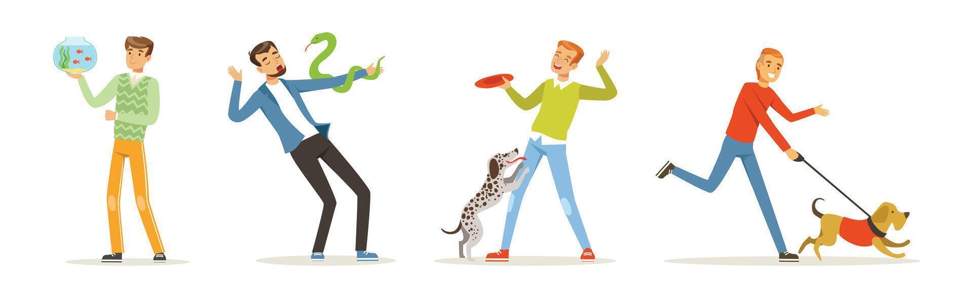 Happy Man Character Pet Owner with Their Favorite Animal Set vector