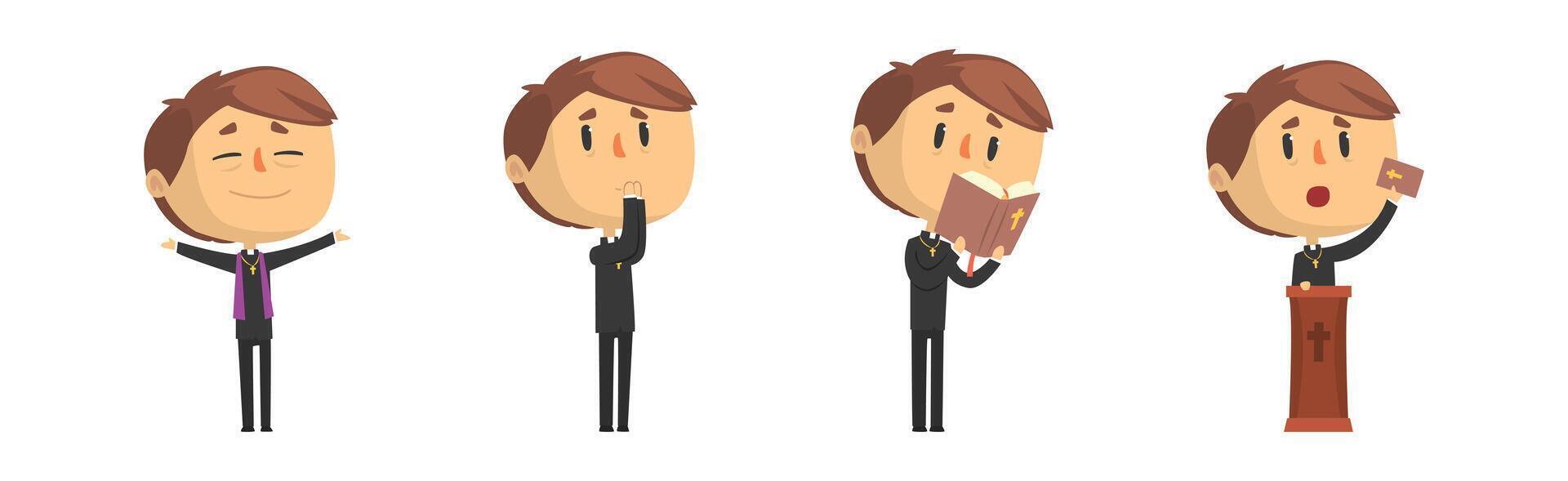 Funny Catholic Man Priest with Cross and Bible Set vector