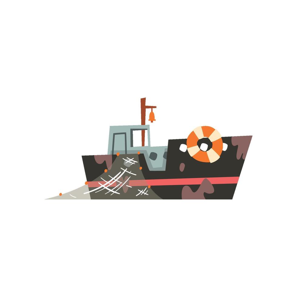 Fishing boat with net, industrial trawler for seafood production, retro marine ship Illustration vector