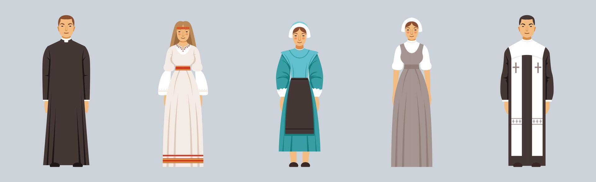 Religious People Different Character Man and Woman Standing Set vector