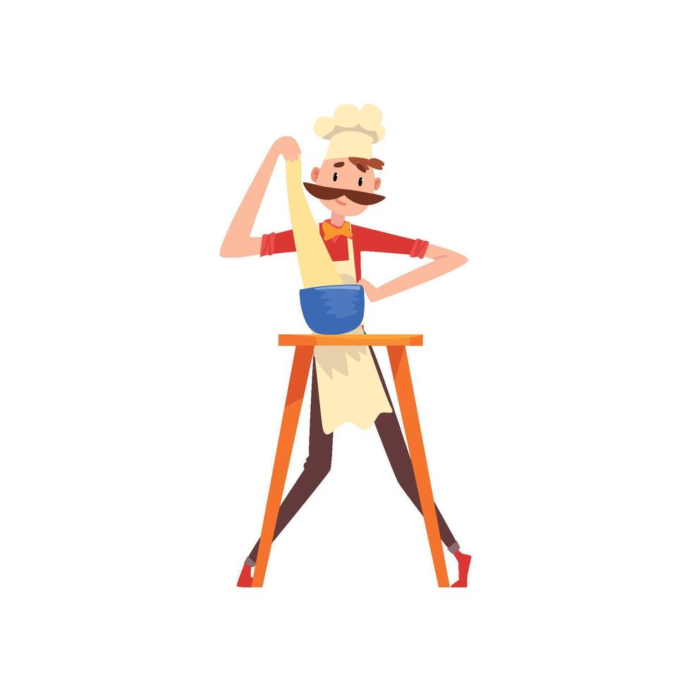 Chef preparing dough for bakery, pizza maker character, stage of preparing Italian pizza Illustration vector