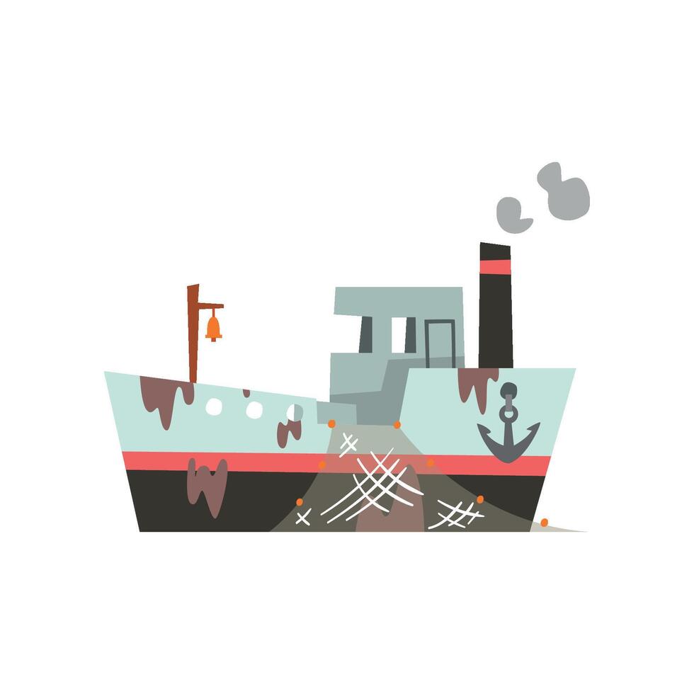 Fishing vessel with net for seafood production, retro marine steamer Illustration vector