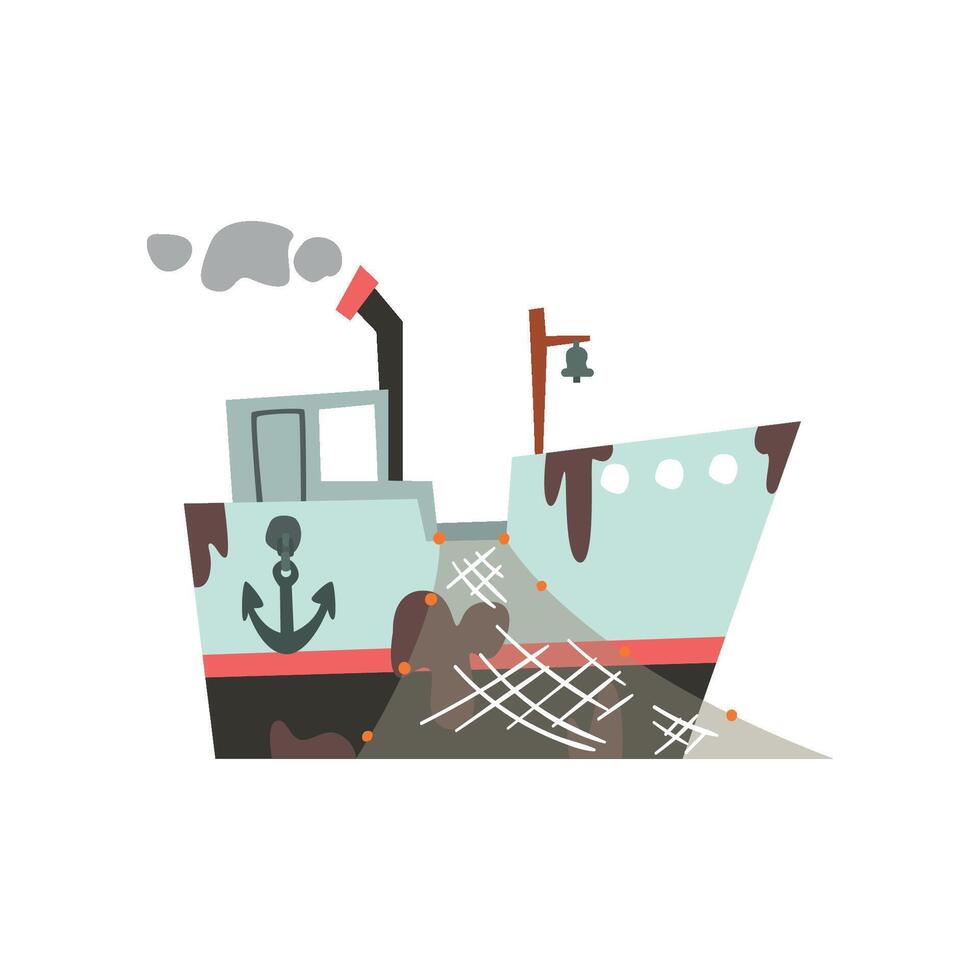 Fishing trawler with net for industrial seafood production, retro marine vessel Illustration vector