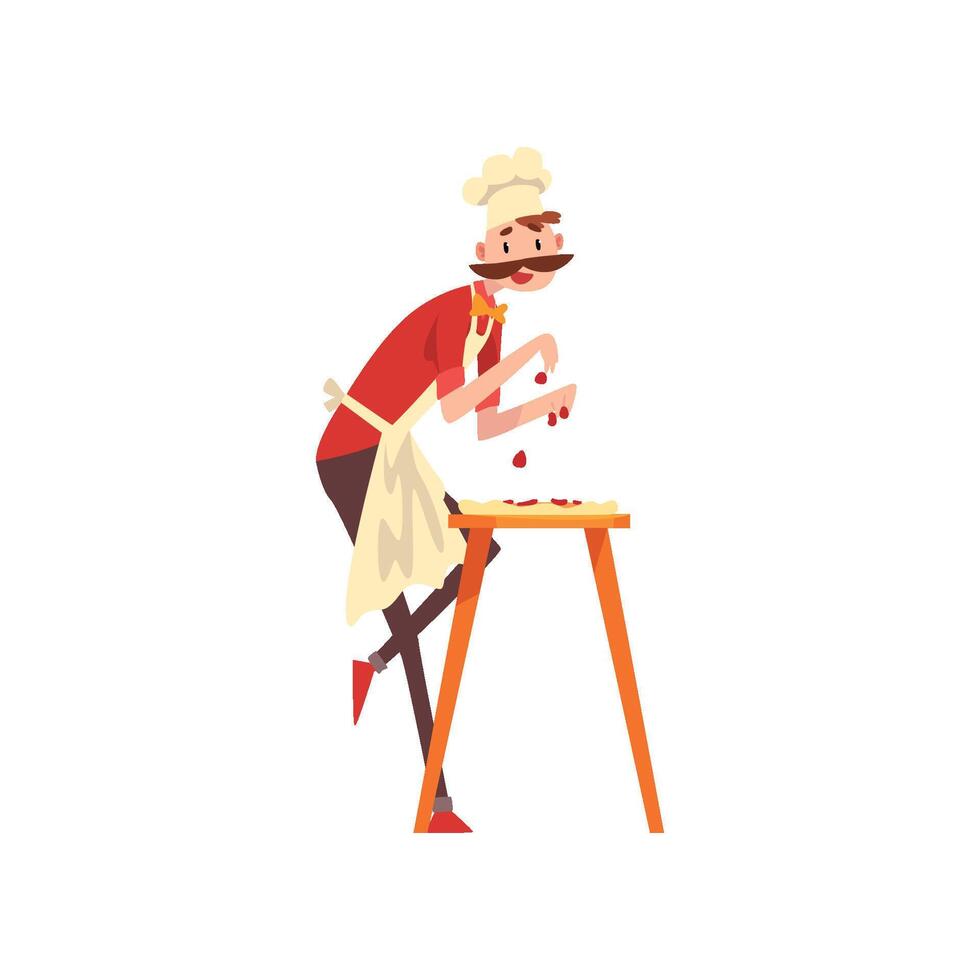 Male chef character making pizza, stage of preparing Italian pizza Illustration vector