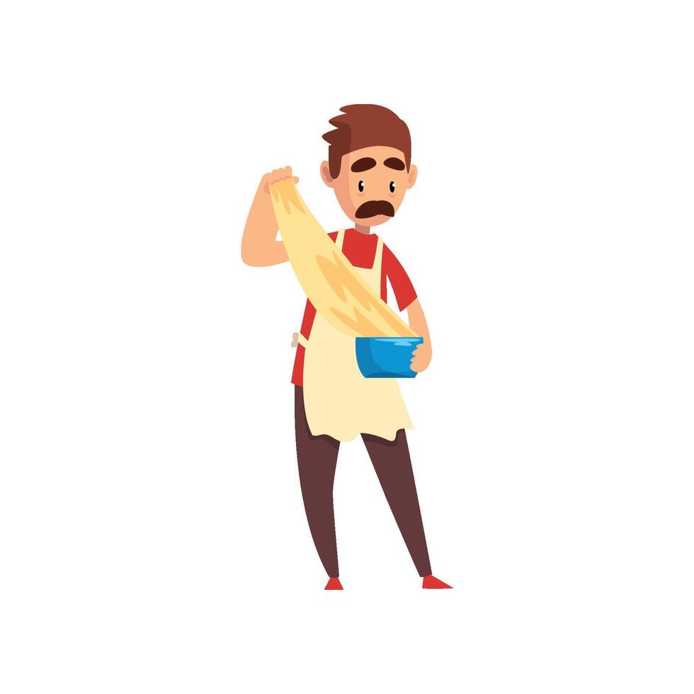 Chef kneading and cooking a dough, pizza maker character, stage of preparing Italian pizza Illustration vector