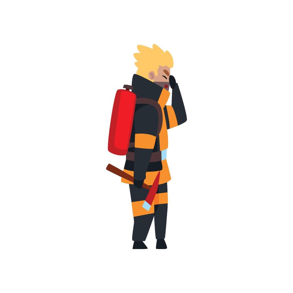 Fireman with fire extinguisher and ax, firefighter character in uniform at work Illustration on a white background vector