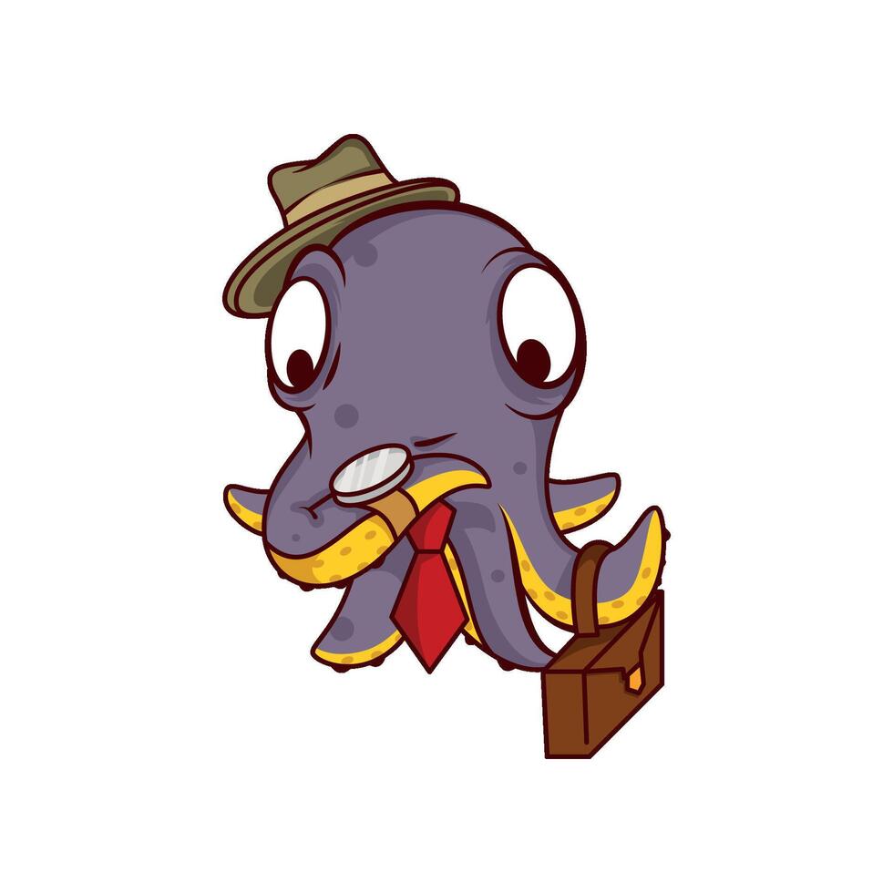 Purple octopus businessman with suitcase, watching on clock. Humanized sea creature in hat and tie. Cartoon icon vector