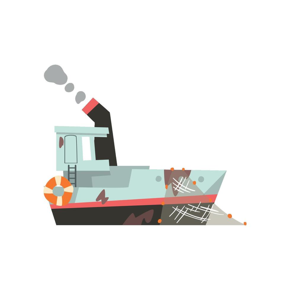 Fishing trawler, vessel for industrial seafood production, retro marine ship Illustration vector