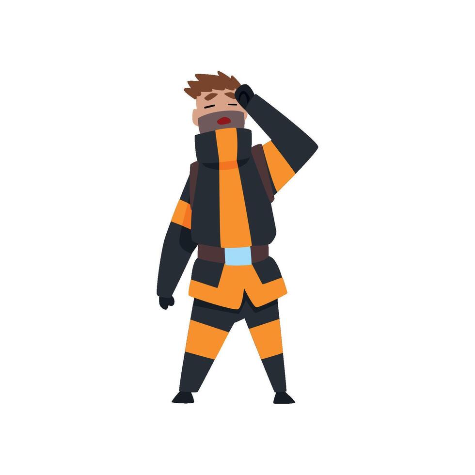 Tired fireman, firefighter character in uniform at work Illustration on a white background vector