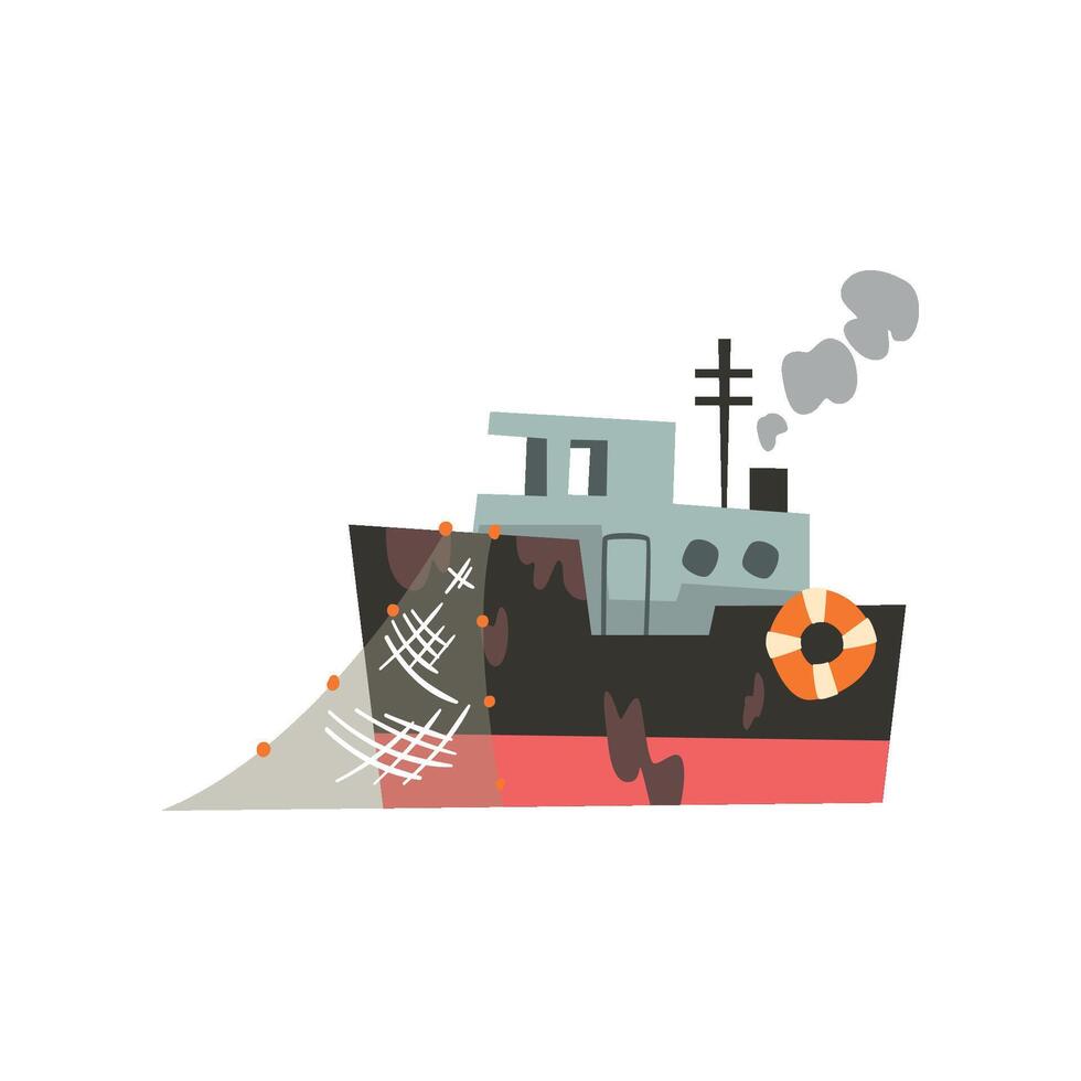 Fishing industrial trawler for seafood production, retro marine vessel Illustration vector