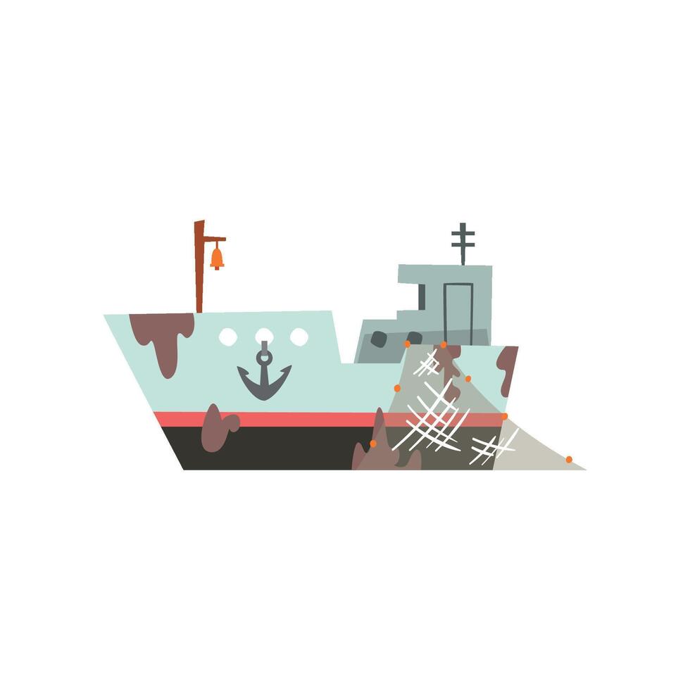 Fishing boat, trawler for industrial seafood production, retro marine ship Illustration vector