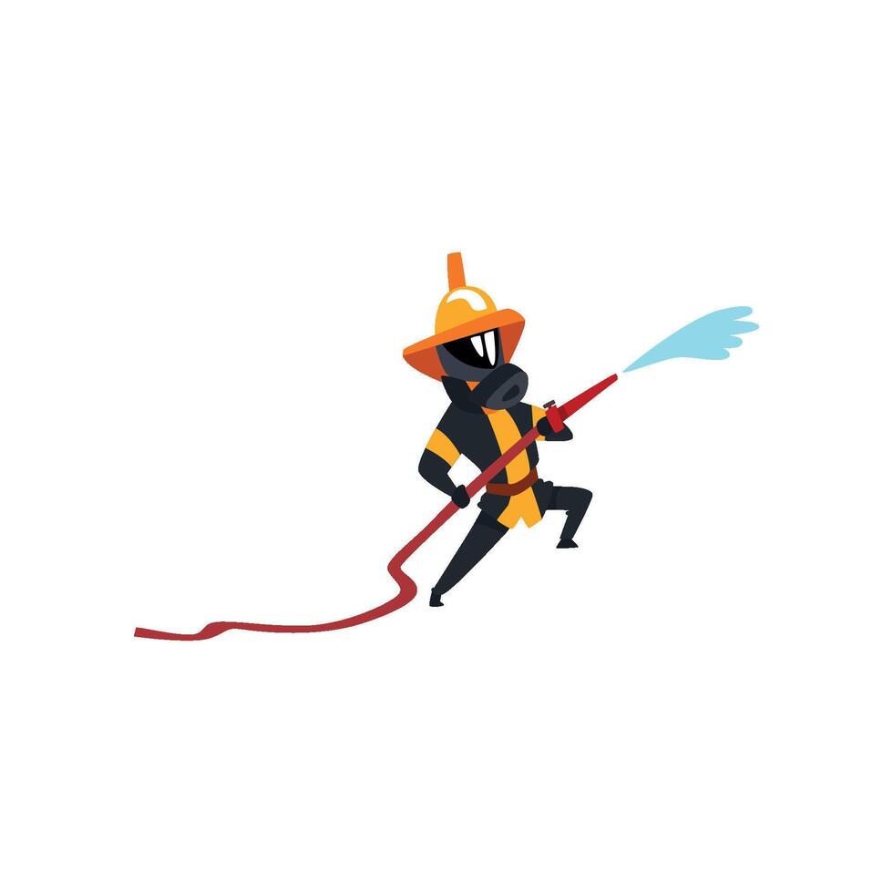 Fireman spraying water using hose, firefighter character in uniform and mask at work Illustration on a white background vector