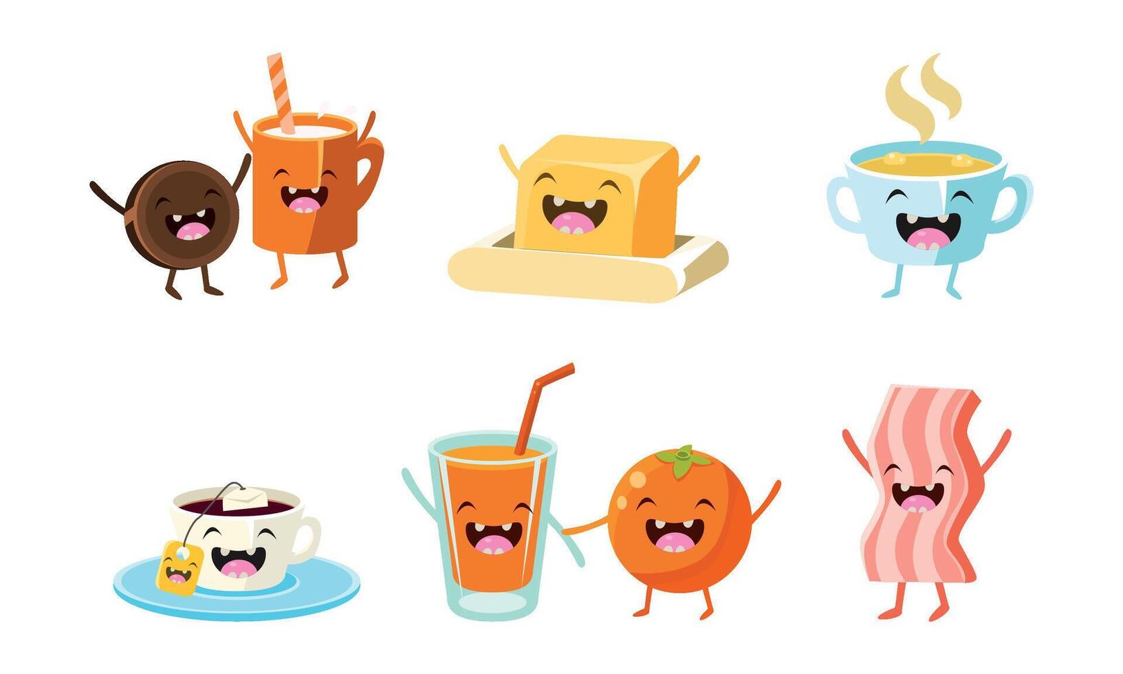 Cute food and drinks characters set, funny healthy breakfast, orange juice, ham, tea and coffee cup, butter, chocolate cookie Illustration vector