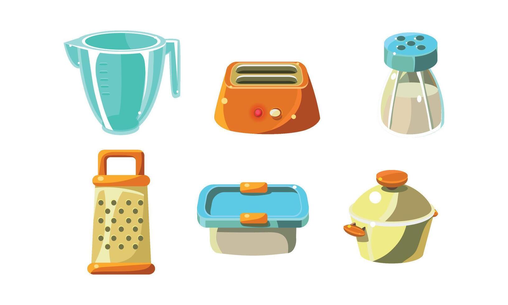 Kitchen utensils set, cooking tools, measuring cup, toaster, grater,conainer, saucepan Illustration vector